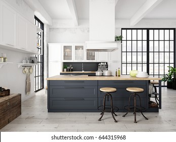 3D Rendering Of Modern Kitchen In A Loft.