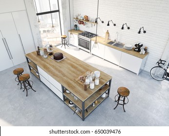 3d Rendering Modern Kitchen Loft Top Stock Illustration 650039476 ...