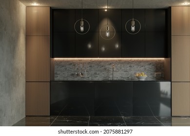 3d Rendering Of Modern Kitchen With Wood Slats And Black Fronts