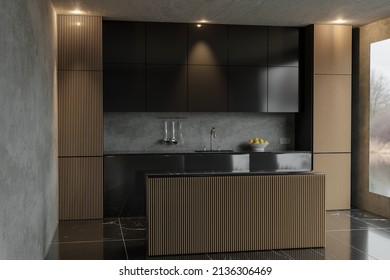 3d Rendering Of Modern Kitchen With Wood Slats And Black Fronts