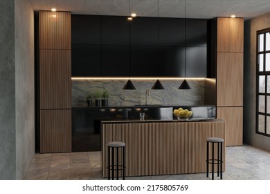 3d Rendering Of Modern Kitchen With Wood Slats And Black Fronts