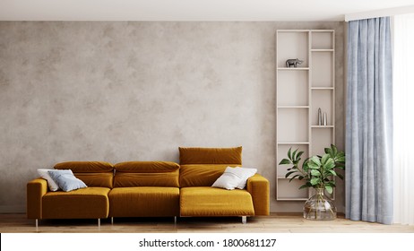 3D rendering Modern living room with yellow mustard sofa. Beige stucco plaster wall without frame. plant and shelves. Blue ellements