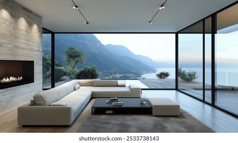 3d Rendering Modern living room with large windows offering breathtaking views of mountains, ocean and a pool. - Powered by Shutterstock