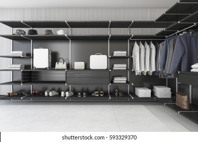 3d Rendering Modern Loft Black Walk In Closet With Shirt And Dress