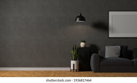 3D rendering, modern loft living room interior design with couch, table, lamp, frame, decorations and copy space, 3D illustration