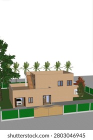 3D rendering of a modern L-shaped resort-style house featuring a premium front view with a car garage, a tropical backyard garden lined with tall coconut palm trees, a circular water fountain, a blue gazebo canopy for lounge seating, and a luxury swimming pool area, showcased from both exterior walkthrough angles and an aerial rooftop perspective.