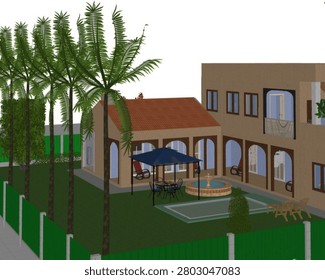 3D rendering of a modern L-shaped resort-style house featuring a premium front view with a car garage, a tropical backyard garden lined with tall coconut palm trees, a circular water fountain, a blue gazebo canopy for lounge seating, and a luxury swimming pool area, showcased from both exterior walkthrough angles and an aerial rooftop perspective.