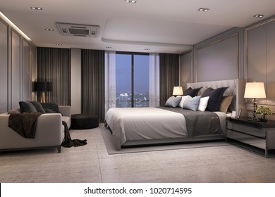 3d rendering modern luxury bedroom suite at night with cozy design
