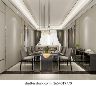 3d rendering modern and luxury dining room with chandelier