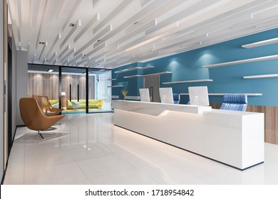 3d Rendering Modern Luxury Hotel And Office Reception And Lounge With Blue Decor