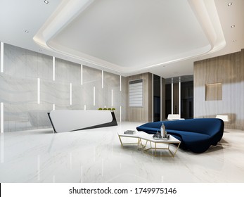 3d Rendering Modern Luxury Hotel And Office Reception And Lounge With Blue Sofa Near Lift Corridor