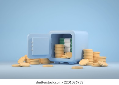 3d Rendering Modern Minimal Privacy Safe Box Storage Vault Opening Cash Bank And Coins On Blue Pastel Illustration Backgrounds 3d Rendering