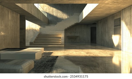3d rendering of modern, minimalist interior with concrete walls and a staircase leading to an upper level. Sunlight streams through the large windows, casting long shadows on the floor.