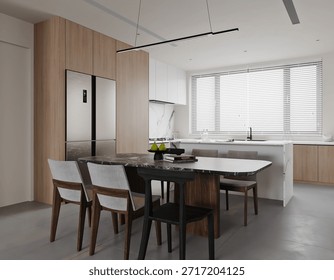 3d Rendering Modern OpenConcept Kitchen and Dining Area with Integrated Refrigerator