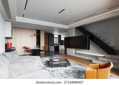 3d Rendering Modern OpenConcept Living Room with Sleek Staircase and Contemporary Decor