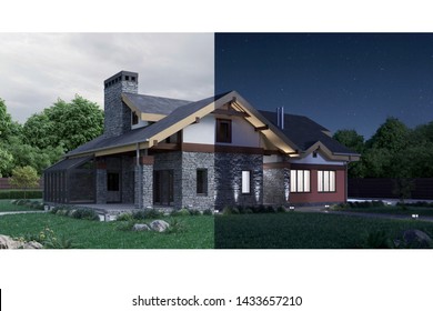 3d Rendering Of A Modern Private House,  Day Transfers Into Night Concept