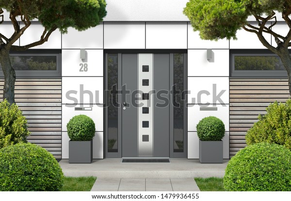 3D rendering of modern\
real estate bungalow home facade with designer front door, yard and\
pine trees