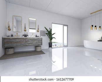 3D rendering, modern residential clean bathroom design, with washbasins, mirrors, toilets and bathtubs, the sun shines through the floor window.