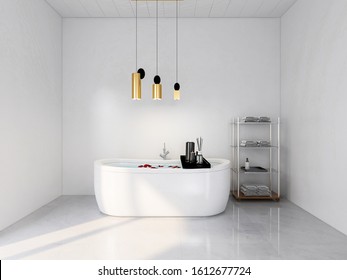 3D rendering, modern residential clean bathroom design, with washbasins, mirrors, toilets and bathtubs, the sun shines through the floor window. - Shutterstock ID 1612677724