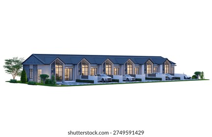 3D rendering of modern row house exterior during evening twilight with warm illumination isolated on white background.