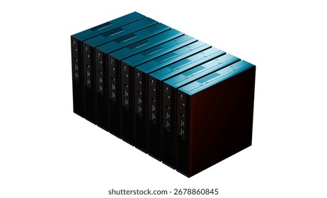 3D rendering of modern servers with teal and black design isolated on white background. High tech element suitable for IT, storage, networking and data system concepts.