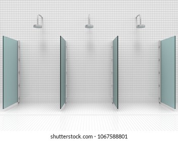 3d Rendering. Modern Shower Room Separate By Blue Mirror Glass Barrier.