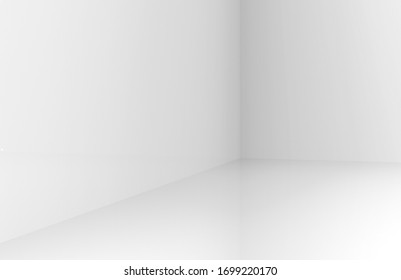 3d Rendering. Modern Simple Minimal Light Gray Corner Room Box Wall Design Background.