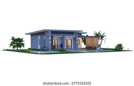 3D rendering of a modern single-story house featuring stone facade textures and warm interior lighting during evening or twilight. Perspective view, isolated on white background.