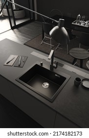 3d Rendering
Modern Sink In Black Color, Faucet And Marble. Studio Lighting. Dark Parquet. Kitchen Decoration 3d Illustration Kitchen In Black Color