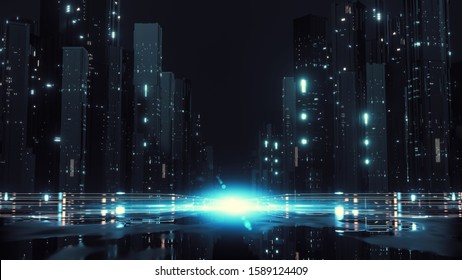 3D Rendering of modern skyscraper buildings in large city at night with reflection from wet puddles on street . Concept of big data, machine learning, artificial intelligence, virtual reality