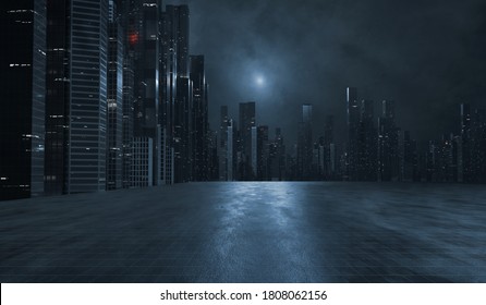 3D-рендеринг современных зданий небоскребов в большом городе ночью с отражением на мокрой луже после дождя. Концепция ночной жизни, бизнес-видение, технологический продукт 