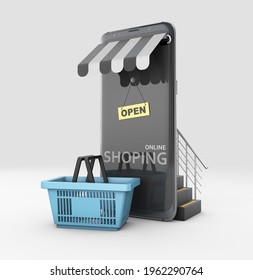 3d Rendering of Modern smart mobile phone with on line shopping store, clipping path included
