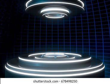 3d rendering. a modern stage with circular light surrounded by black background