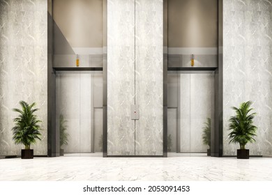 3d Rendering Modern Steel Elevator Lift Lobby In Business Hotel With Luxury Design