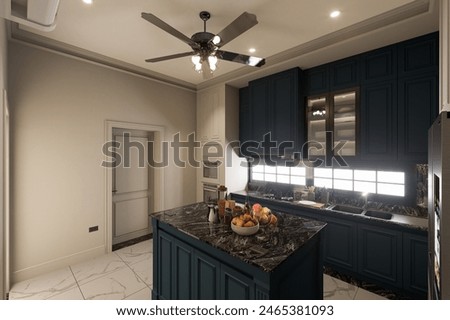 3D Rendering Modern style kitchen interior design with dark blue, gray and white unit wall.