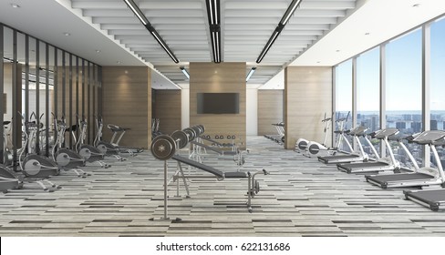 3d rendering modern style training and gym with city view