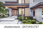 3d rendering of modern two story house with gray and wood accents, large windows, parking space in the right side of the building. Clear summer evening with cozy light from window