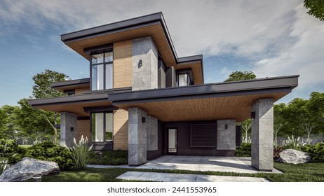 3d rendering of modern two story house with gray and wood accents, large windows, parking space in the right side of the building, surrounded by trees and bushes, green grass on lawn, daylight
