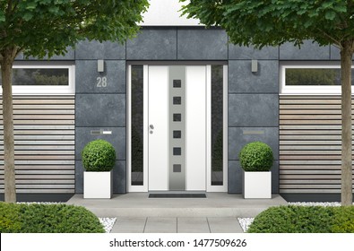 3D Rendering Of Modern Urban Real Estate Bungalow Home Facade With White Front Door, Yard And Trees