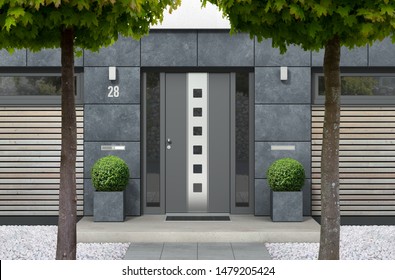 3D rendering of modern urban real estate bungalow home facade with designer front door, yard with white gravel and trees