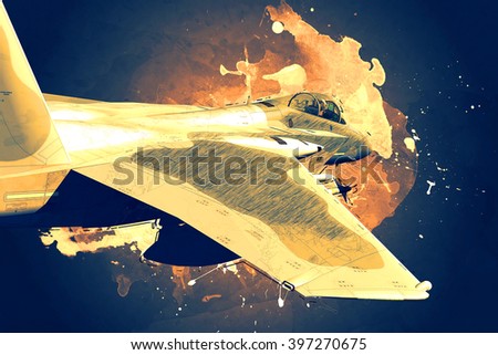 3D rendering of a modern US jet fighter in flight