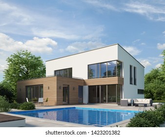 3D Rendering Of A Modern Villa With Pool