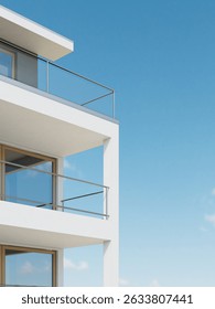 3D rendering of a modern white building with clean lines, large windows, and metal-railed balconies, set against a bright blue sky. The minimalist design emphasizes simplicity and elegance.
