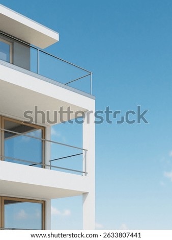 3D rendering of a modern white building with clean lines, large windows, and metal-railed balconies, set against a bright blue sky. The minimalist design emphasizes simplicity and elegance.