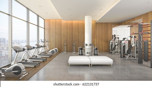 3d Rendering Modern Wood Gym And Fitness With City View