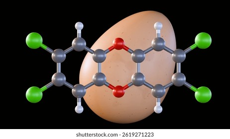 a 3D rendering of molecular model of dioxin and egg. The potential contamination of food sources by highly toxic compound dioxins.