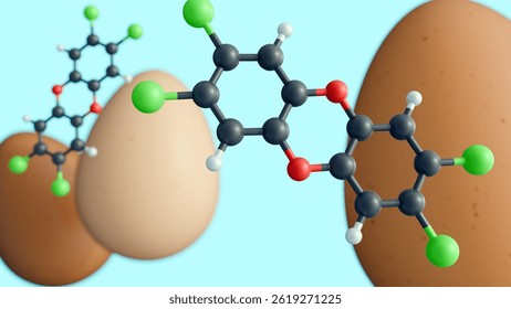 a 3D rendering of molecular model of dioxin and egg. The potential contamination of food sources by highly toxic compound dioxins.