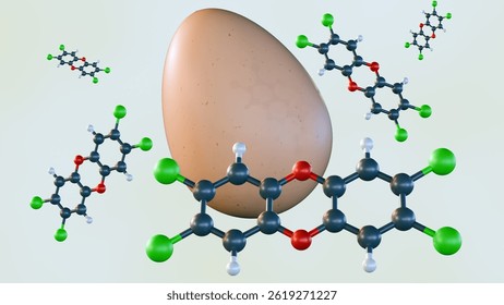 a 3D rendering of molecular model of dioxin and egg. The potential contamination of food sources by highly toxic compound dioxins.