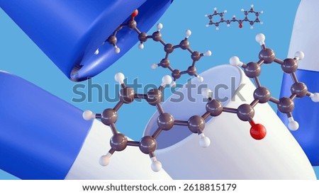 A 3d rendering of molecular structure of chalcone, with the word "CHALCONE" and blue and white drug capsule-like shape.