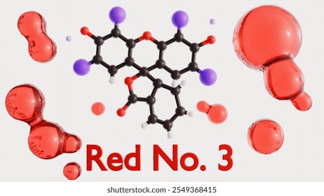 3d rendering of molecular structure of Red No. 3, a synthetic food dye commonly used to impart a bright red color to various food and beverage products.